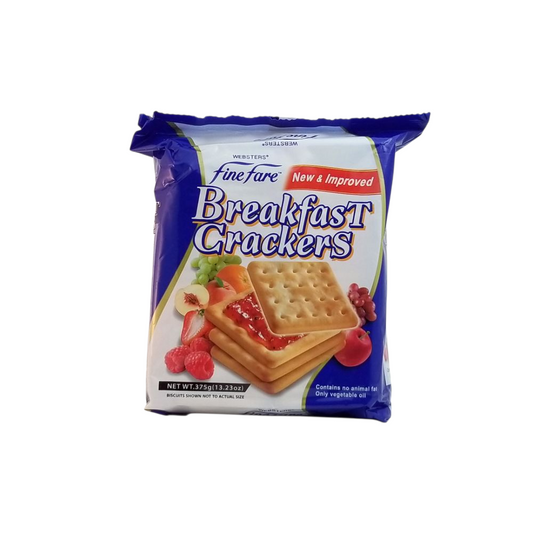 Fiji Store EU Websters Fine Fare breakfast crackers in a 375g blue packet with fruit topping imagery